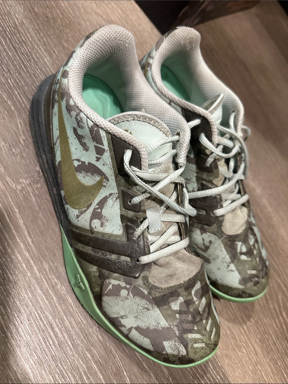 Nike Kids Mint Green and Olive Camo Sneakers